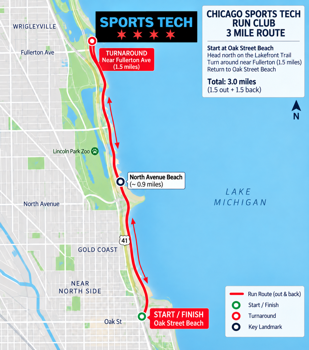 Run Club - Chicago Sports Tech three-mile route map